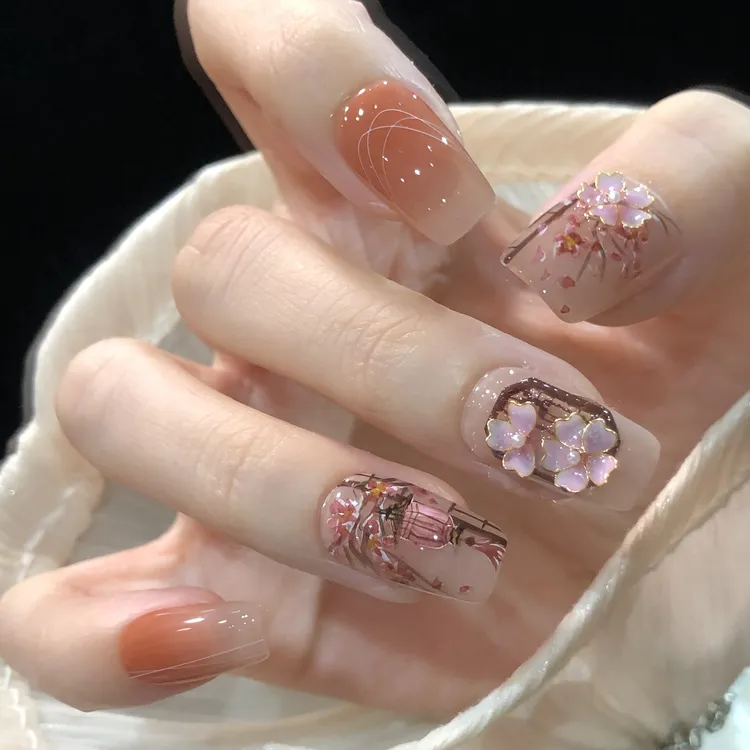 喵公子 【粉樱灯语】【非遗掐丝水彩手绘】纯手工穿戴甲可拆美甲光疗