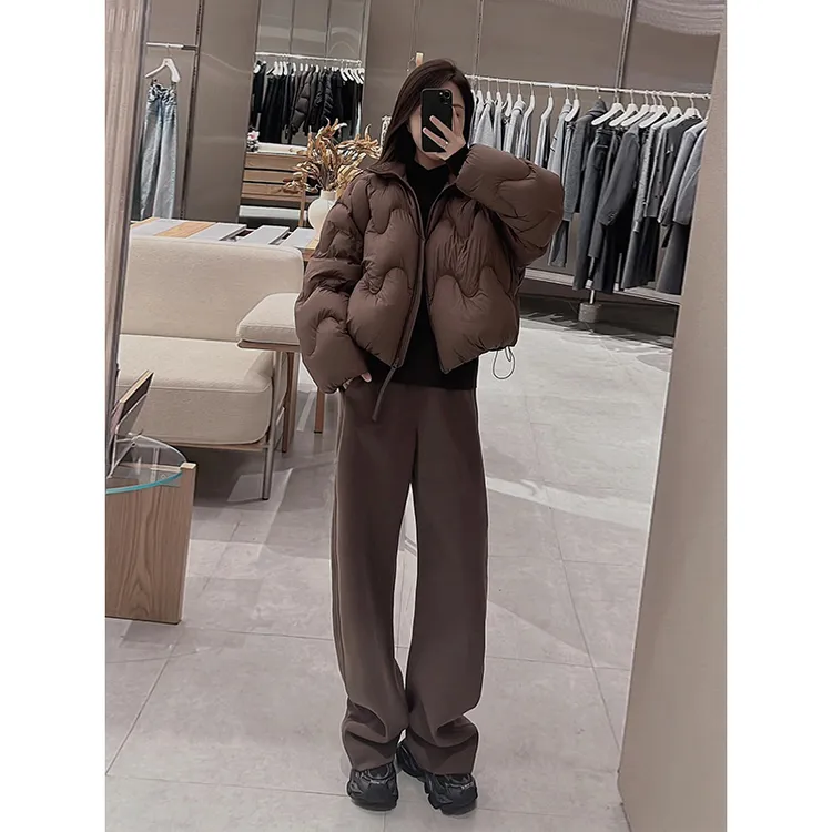 咖色波浪羽绒服女2025冬季新款小个子加厚白鸭绒面包服短款90外套