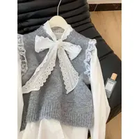 韩 版秋冬季新款设计感简约针织马甲 衬衫女高级感穿搭两件套8886