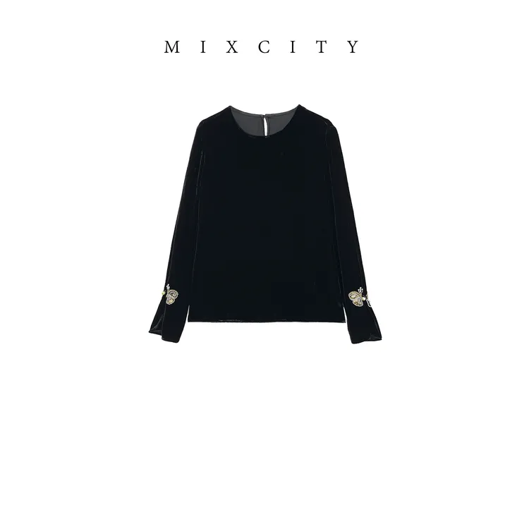 【MIXCITY亚楠家】绒蝶衫◆新中式蝴蝶刺绣真丝丝绒衬衫9373