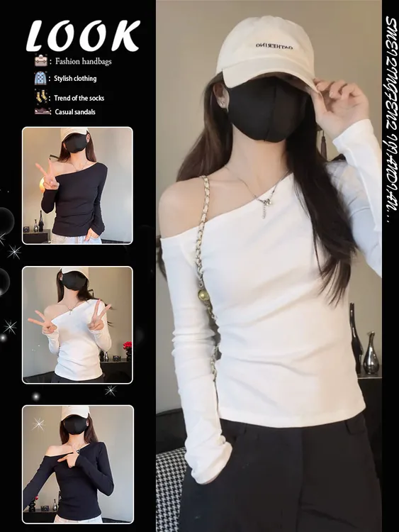 韩系白色斜领一字肩长袖t恤女2025新款纯欲修身显瘦上衣打底衫女