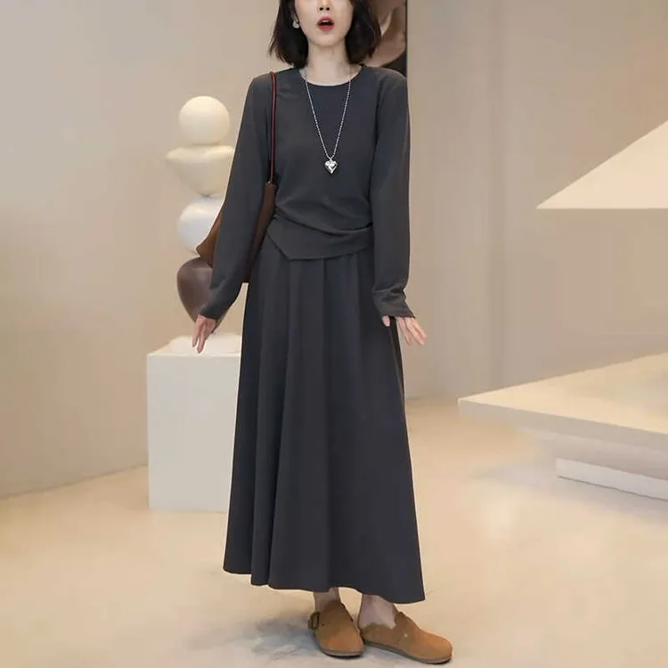 早秋穿搭套装女2025新款气质韩版高级感小个子长袖t恤半裙两件套