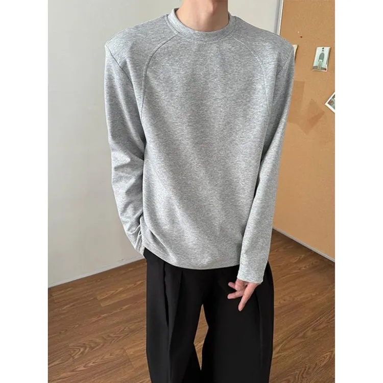 灰色解构垫肩长袖T恤男秋季美式高街正肩卫衣cleanfit内搭打底衫