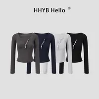 HHYB Hello纽扣亨利打底长袖女2025新款百搭修身显瘦上衣250611