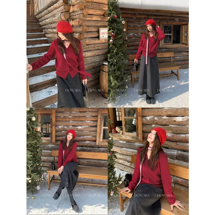 现货3105X大婉酱肉肉微胖定制【玫瑰人生】V领毛织开衫上衣配小围巾