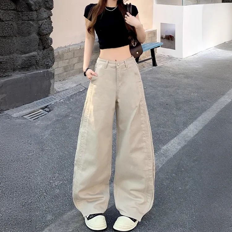 美式弯刀阔腿牛仔裤女2025春夏新款高腰宽松显瘦潮流直筒拖地裤子