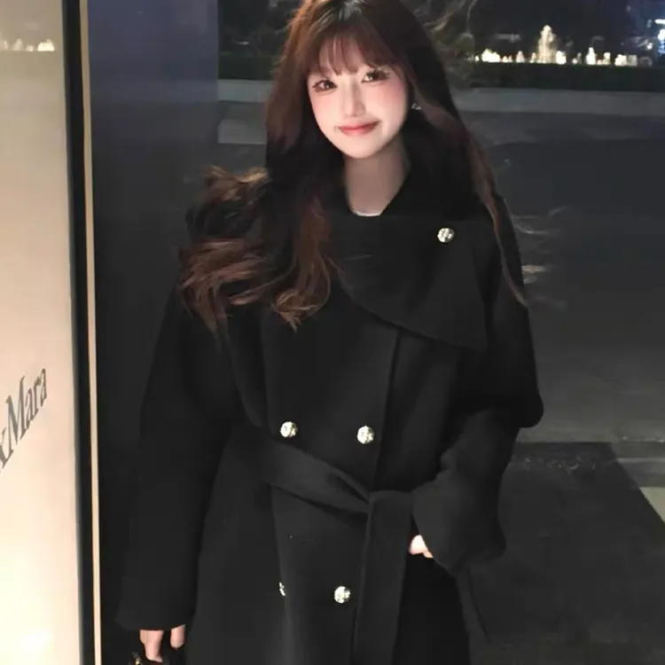 小个子黑色毛呢外套女短款新款高级感洋气双面呢子大衣双排扣港风