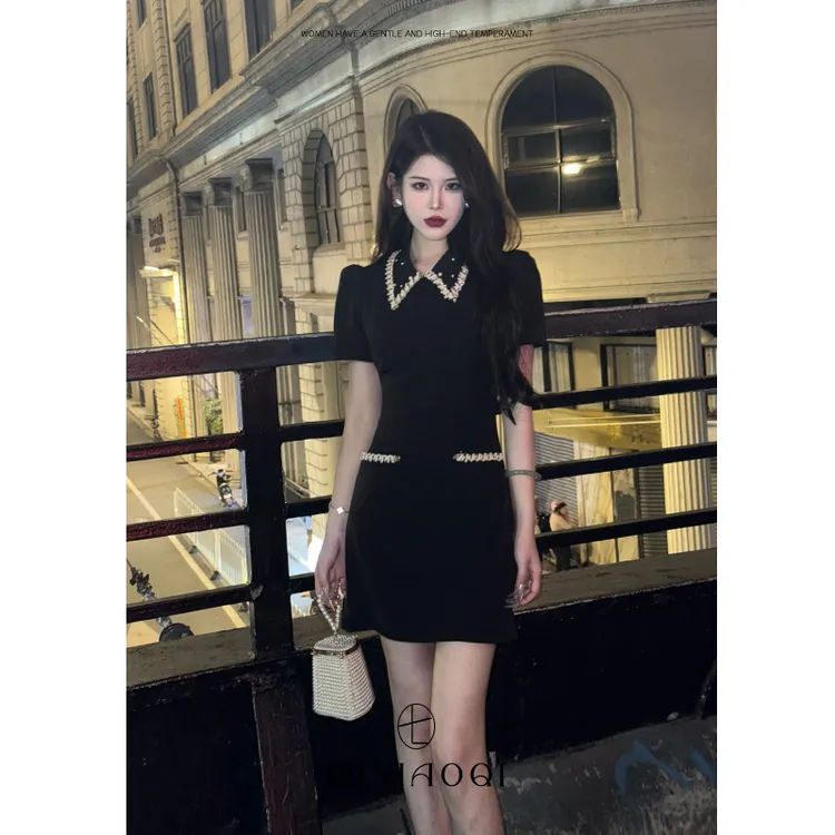 七小七Sicily【昭和甜心】法式高级感黑色镶钻短裙收腰显瘦女春夏季