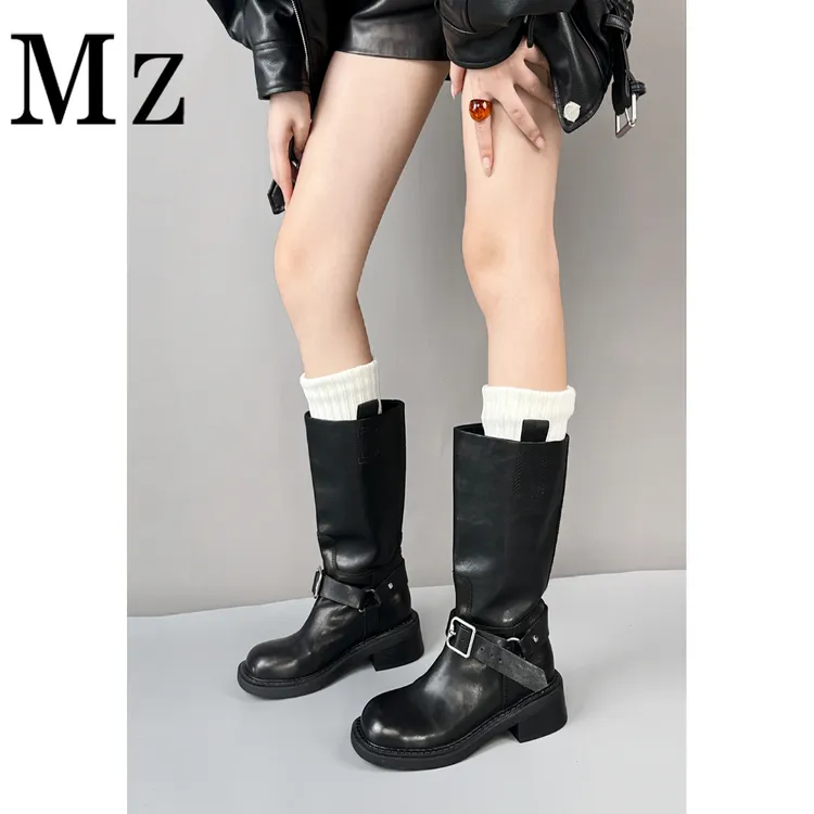 Mr.Zheng/4.5cm/黑色圆头百搭牛仔靴秋冬新款皮带扣中筒靴女靴