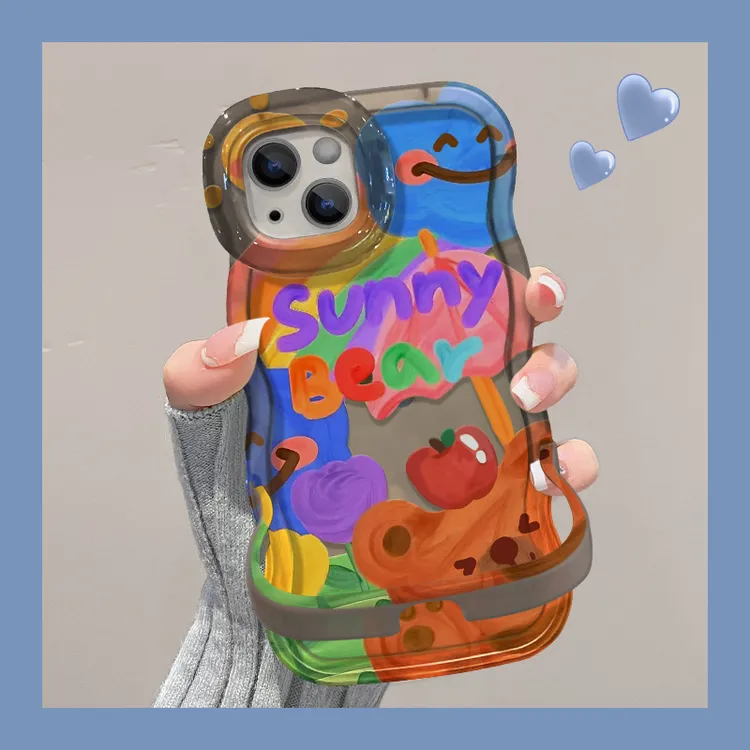 涂鸦苹果小熊适用苹果15透明手机壳iPhone14双支架13波浪边12可爱