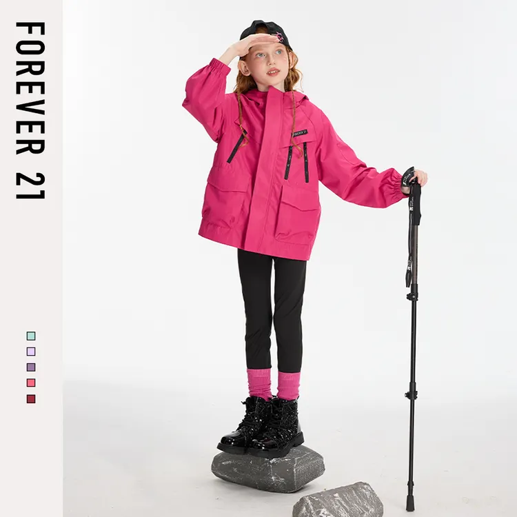 Forever 21女童外套春秋款2025新款女孩洋气时尚连帽儿童冲锋衣