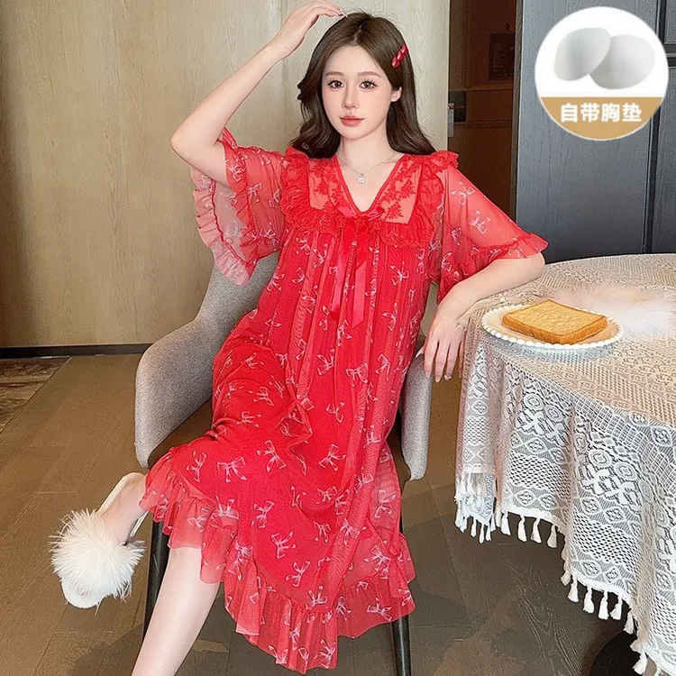 红色本命年网纱睡裙女夏季短袖薄款带胸垫高级感洋气网红爆款睡衣