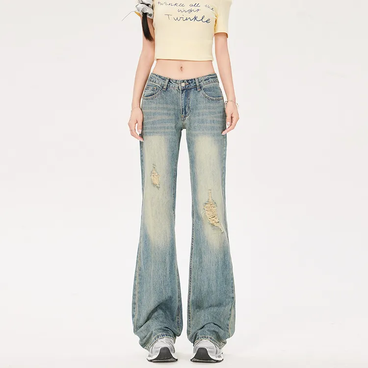 女款夏季美式复古低腰无弹阔腿拖地微喇牛仔长裤破洞水洗做旧2025