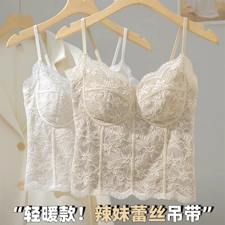 法式蕾丝保暖背心女带胸垫2025新款秋冬内搭吊带打底衫上衣可外穿