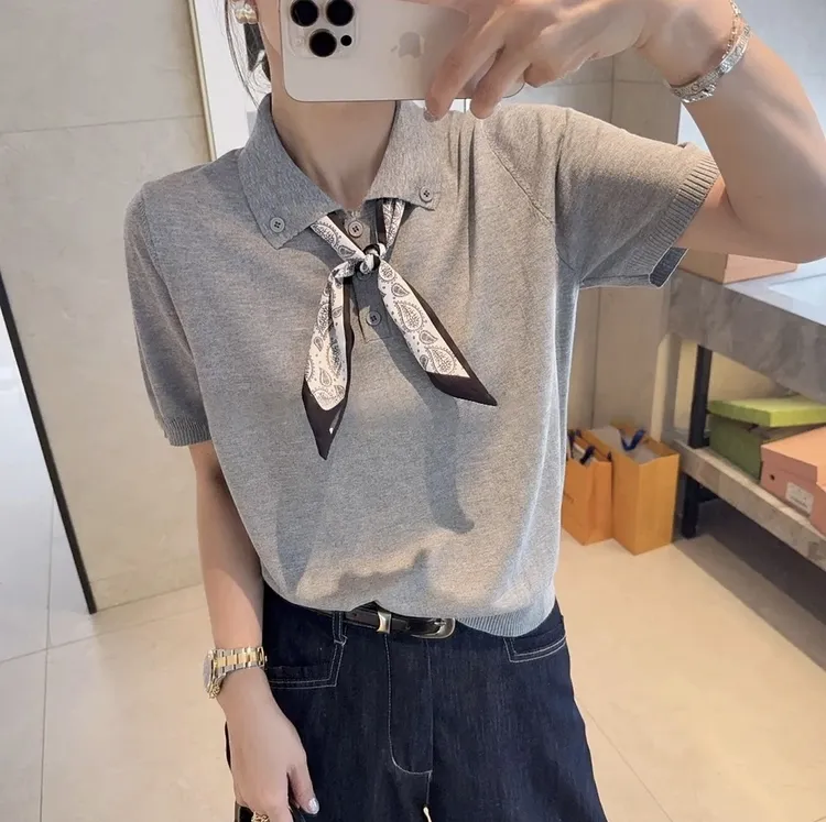 夏季Polo领丝巾设计短袖小众女竹节麻针织套头衫轻薄显瘦#2524