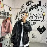 美式街头复古PU皮衣黑色翻领宽松拉链外套情侣机车夹克-2686