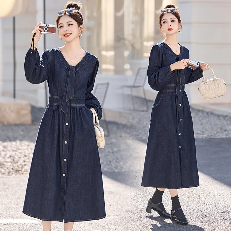 韩系气质复古牛仔连衣裙女2025年春秋新款高级感收腰显瘦长款裙子