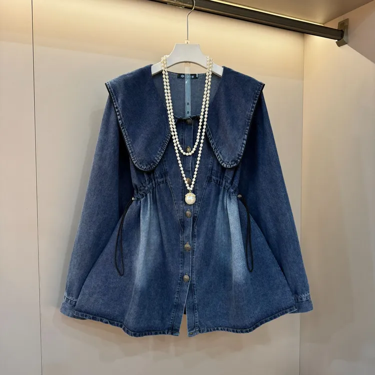 大码女装娃娃领抽绳长袖收腰胖MM款减龄百搭休闲时尚显瘦上衣