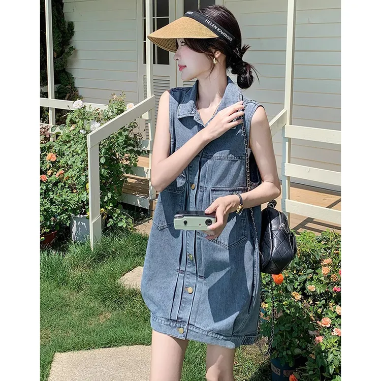 韩版复古减龄无袖牛仔连衣裙女2025夏季新款法式宽松显瘦盐系短裙