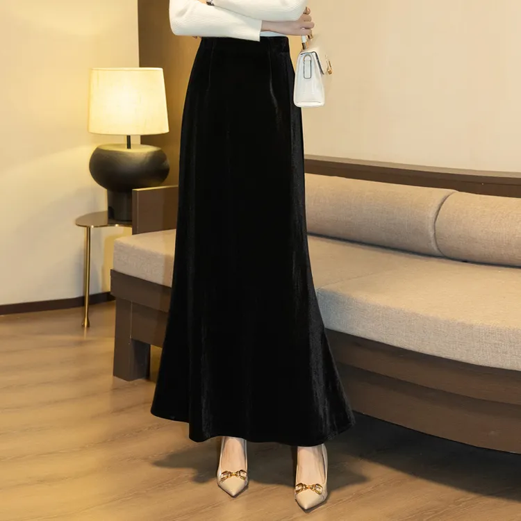 金丝绒鱼尾裙女秋冬季2025新款加长加厚长款黑色丝绒A字半身长裙