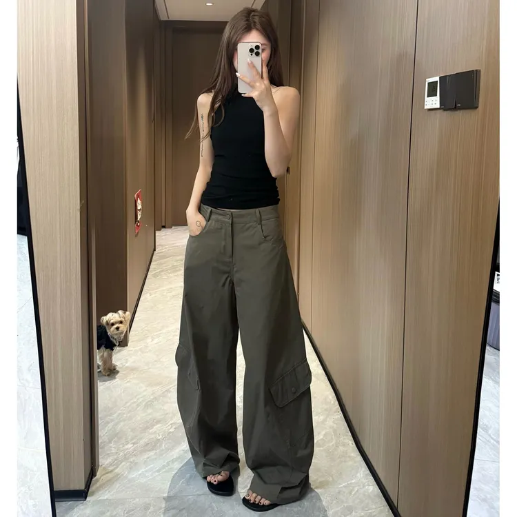 时尚潮流绿色工装裤女秋季美式辣妹休闲裤宽松百搭阔腿裤拖地裤子