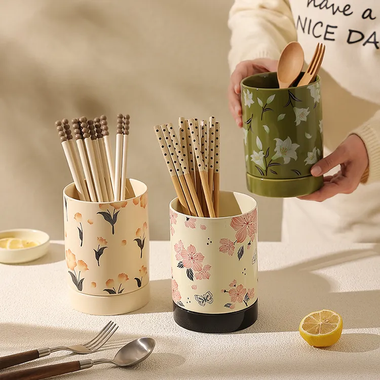 复古陶瓷筷子筒家用新款筷子收纳盒筷子笼沥水防霉厨房台面筷子篓