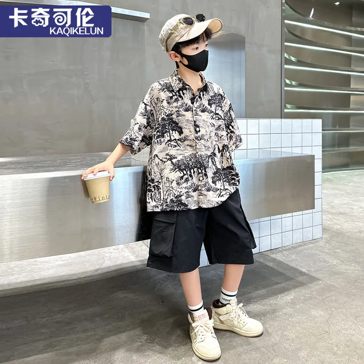 男童套装夏装2025新款儿童运动衣服男孩衬衫短袖帅气炸街童装夏季