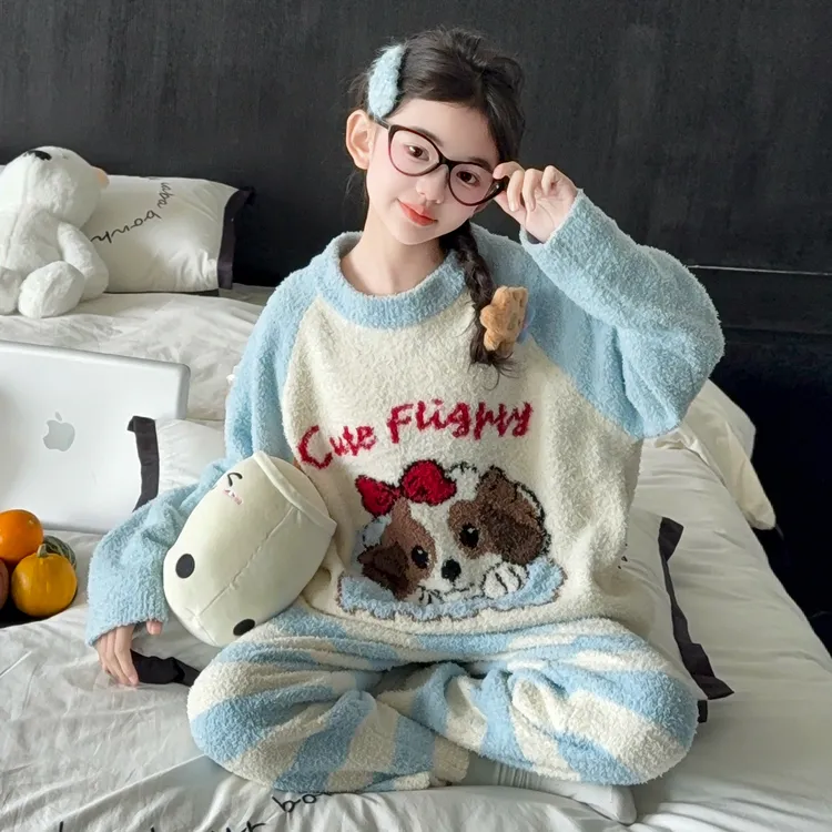 女童半边绒睡衣冬装新款儿童冬季珊瑚绒加厚女孩家居服套装