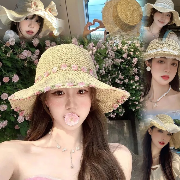 草帽合集韩版系带镂空草编帽女夏出游防晒沙滩太阳帽蕾丝边遮阳帽