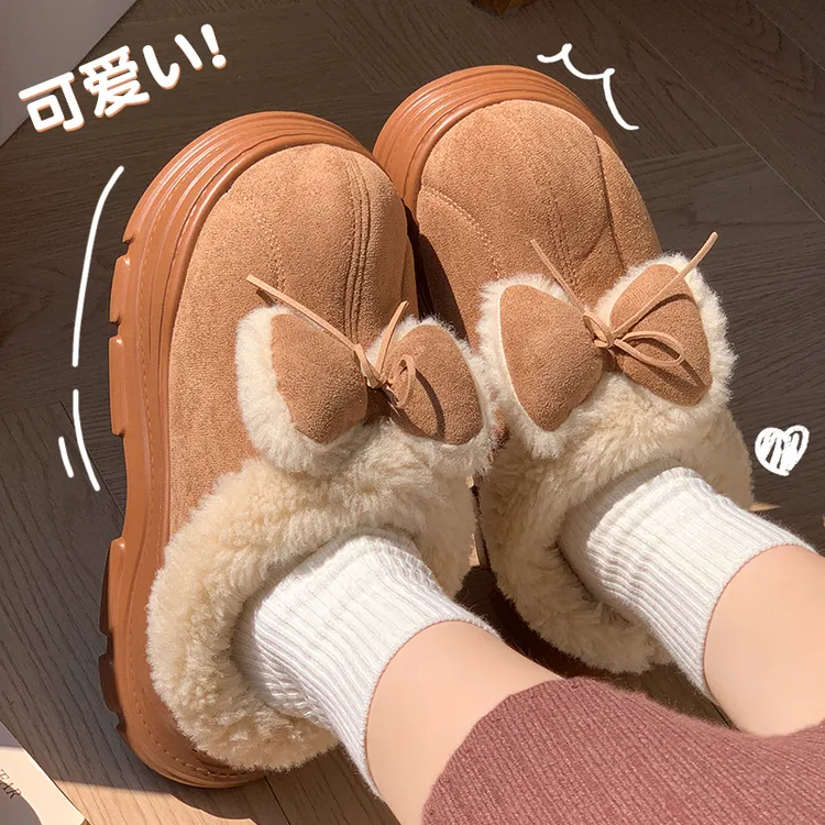 可爱毛绒棉拖鞋女款冬季新款居家蝴蝶结保暖外穿踩屎感厚底雪地靴