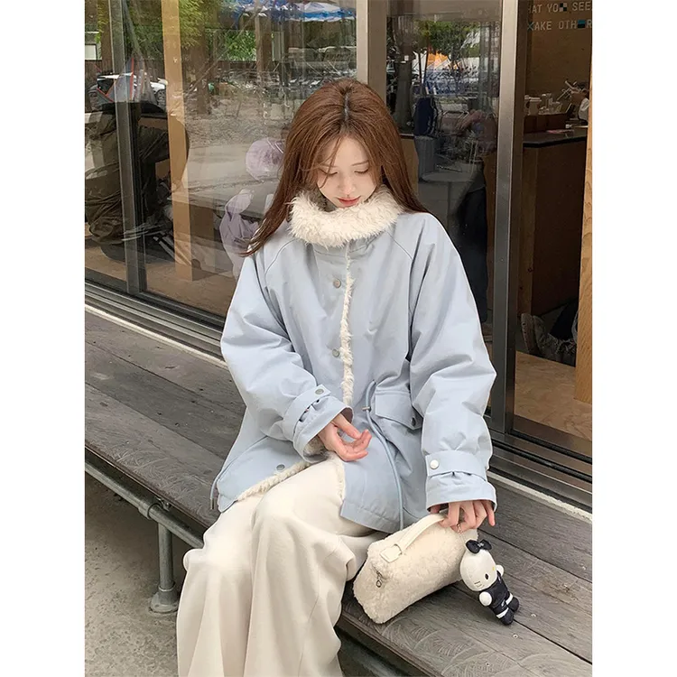 MARIE.COCO浅蓝色毛领宽松显瘦派克棉服女气质加厚保暖棉袄外套