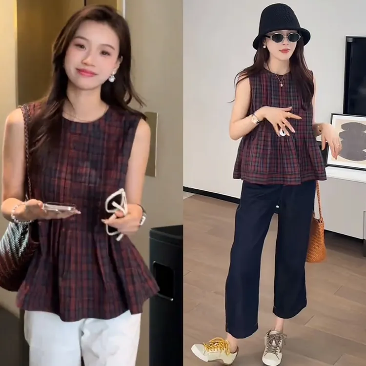 爆款夏季时尚流行两件套女格子无袖小衫+九分阔腿裤显瘦减龄套装