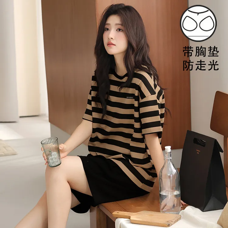 带胸垫一体睡衣女薄款夏季韩版2025新款可外穿简约休闲家居服套装