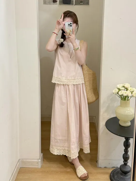 2025夏季新款温柔甜美风粉色背带蕾丝边无袖上衣法式半身裙两件套