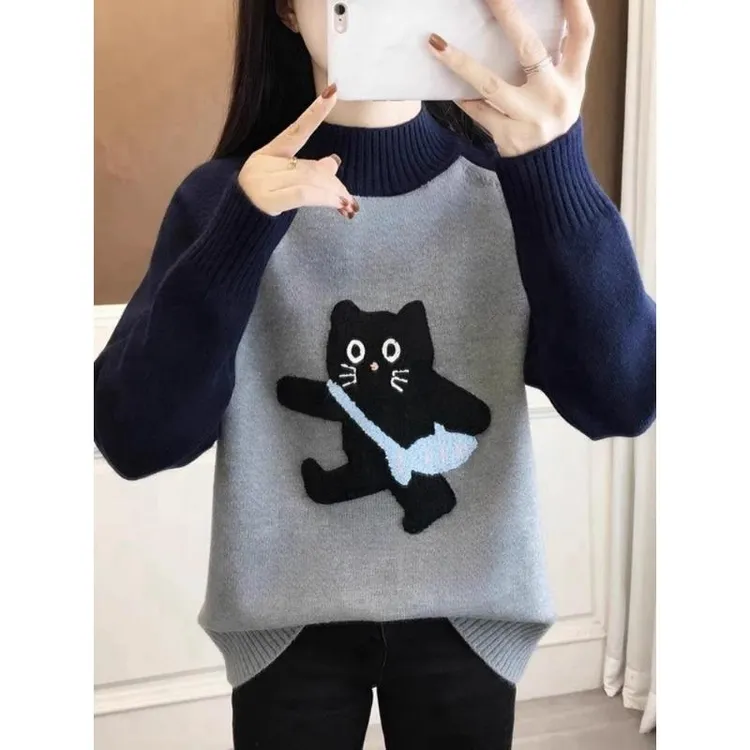 初中生半高领卡通猫咪毛衣少女秋冬内搭高中学生女大童打底针织衫