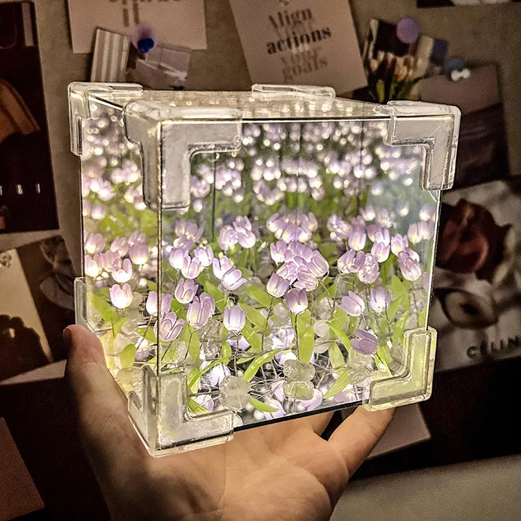 情人节手工diy郁金香花海魔方立体镜子小夜灯材料创意生日礼物