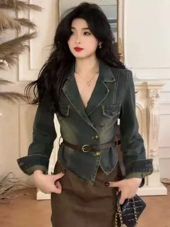 2025春秋款港味翻领洋气减龄长袖牛仔外套女收腰上衣带皮带9988#