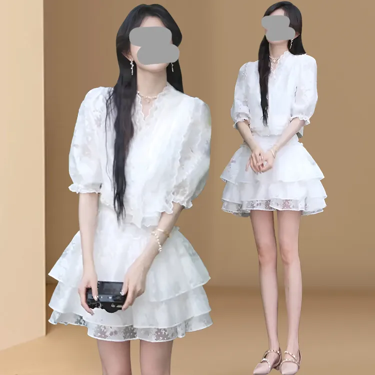 清纯系夏日穿搭套装裙子花边五分袖上衣气质减龄蛋糕裙两件套女