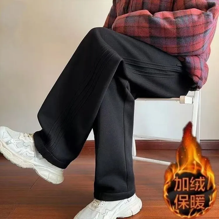 秋冬季潮牌休闲裤男直筒青少年运动百搭潮流痞帅高街重磅加绒裤子