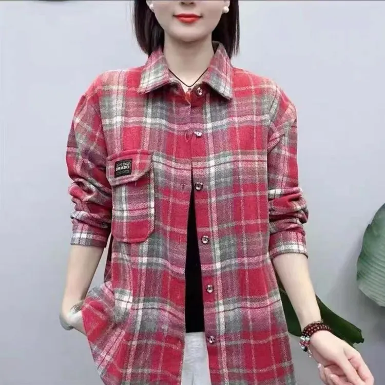 HMC0018磨毛衬衫早春宽松慵懒格子防晒衬衣女