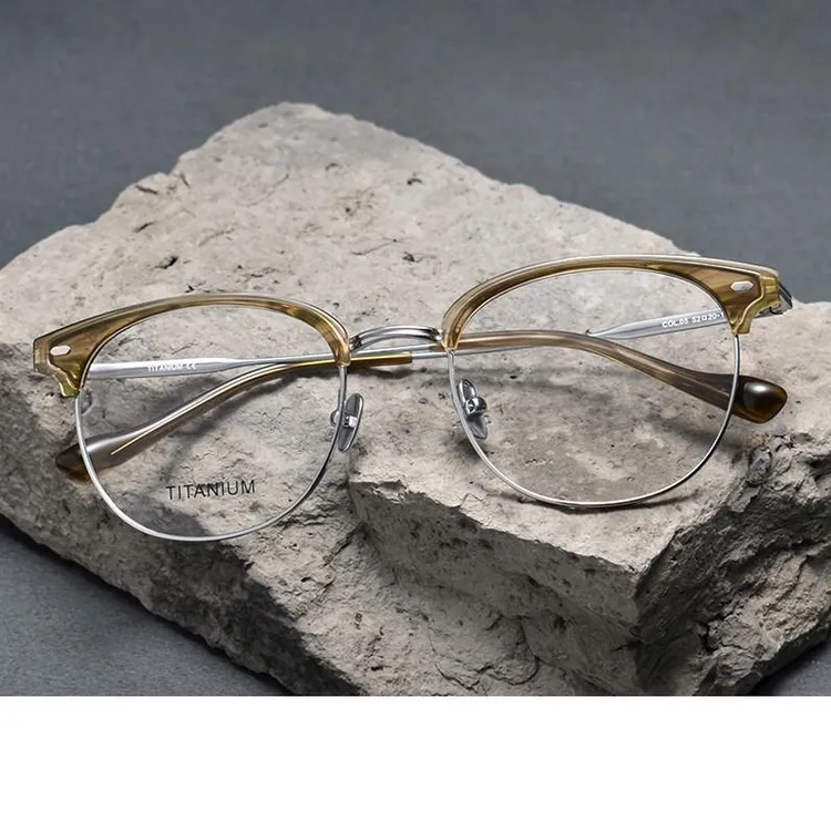 复古超轻男士圆形眼镜框男款近视眉线纯钛板材大脸可配度数防蓝光