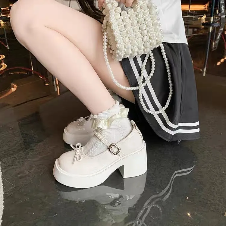 法式珍珠蝴蝶结粗跟玛丽珍单鞋女2025夏季新款不累脚高跟鞋小皮鞋
