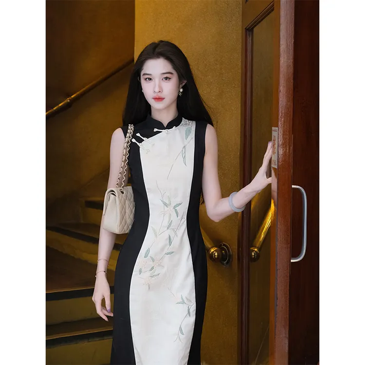 凌茜【竹屿】新中式撞色提花改良旗袍女春夏无袖显瘦旗袍连衣裙