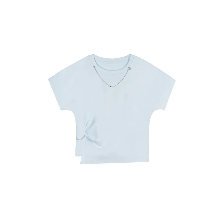 韩版褶皱宽松圆领T恤挂链装饰上衣M71052