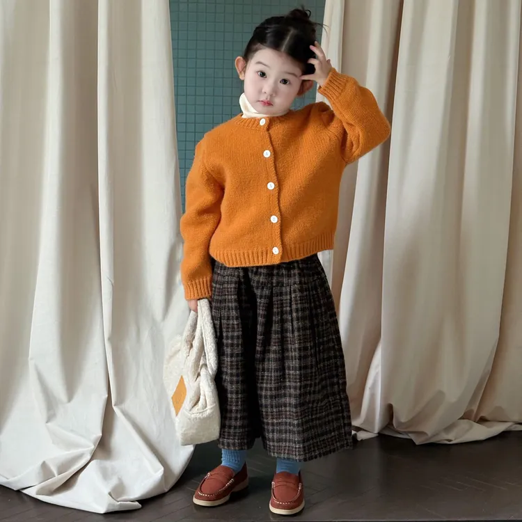 小思家女童2025秋冬新款韩版洋气百搭毛衣开衫格子阔腿裤休闲套装