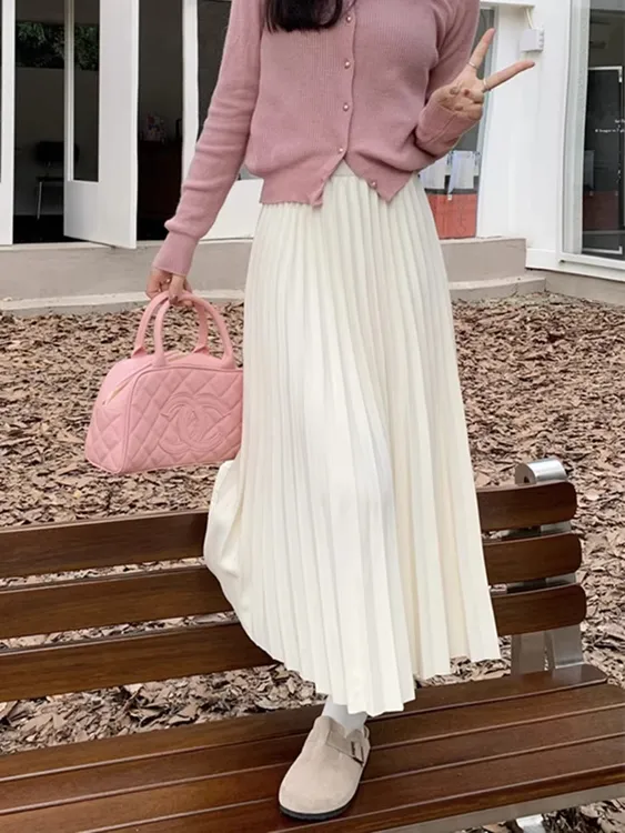 百褶高级垂坠感半身裙加捻罗马面料高腰气质显瘦减龄百搭A字长裙