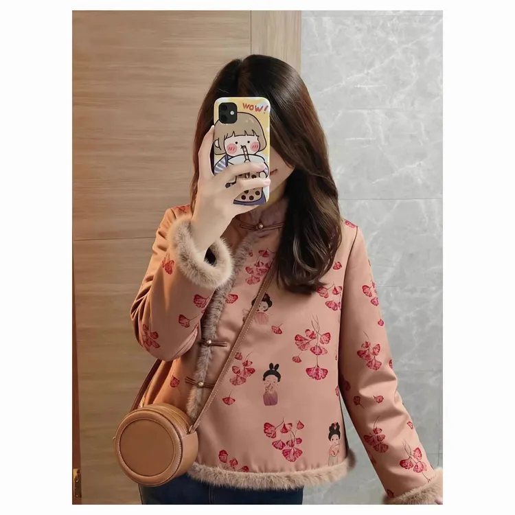 新中式设计斜襟盘扣毛绒袖口印花上衣宽松气质长袖2025年冬季新款