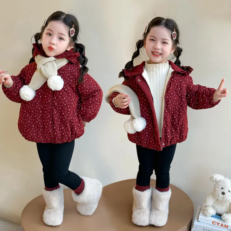 女童加厚新款连帽中国风女碎花棉服棉袄冬装棉衣冬季碎花外套