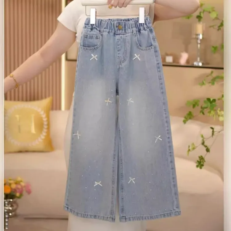 女童牛仔裤春秋2025新款大童时髦烫钻蝴蝶结阔腿裤百搭直筒休闲裤
