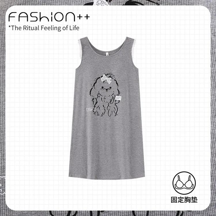 圆领短袖睡裙夏季无袖女印花卡通凉感冰丝成人甜美风89195